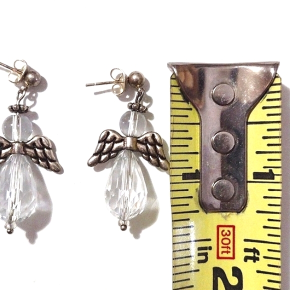 VINTAGE CRYSTAL ANGEL SILVER-TONE DROP DANGLE PUSH-BACK 1.9" EARRINGS - Picture 6 of 8